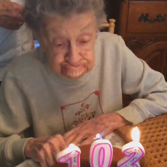 Birthday Granny 102 Blows Out Candles Los