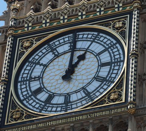 The face of clock Big Ben is seen on the eve of its 150th birthday in London on May 30, 2009. Big Ben is the biggest chiming clock tower in the world and its bong measures 118 decibels. The minute hand is 14ft long (4.672m) and the hour hand 9ft long (2.7432M). It is wound up by hand three times a week. (UPI Photo/Hugo Philpott) 