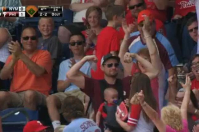 Phillies Fan Catches Foul Ball with Baby
