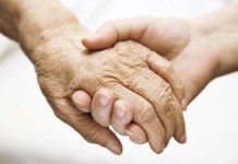 adult helping senior in hospital