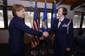 Maj. Phyllis Pelky (right), 45, a former aide-de-damp to Lt. Gen. Michelle D. Johnson (left), the superintendent of the U.S. Air Force Academy, was killed in a non-hostile helicopter crash near Kabul, Afghanistan, Oct. 11, 2015. U.S. Air Force photo by Mike Kaplan