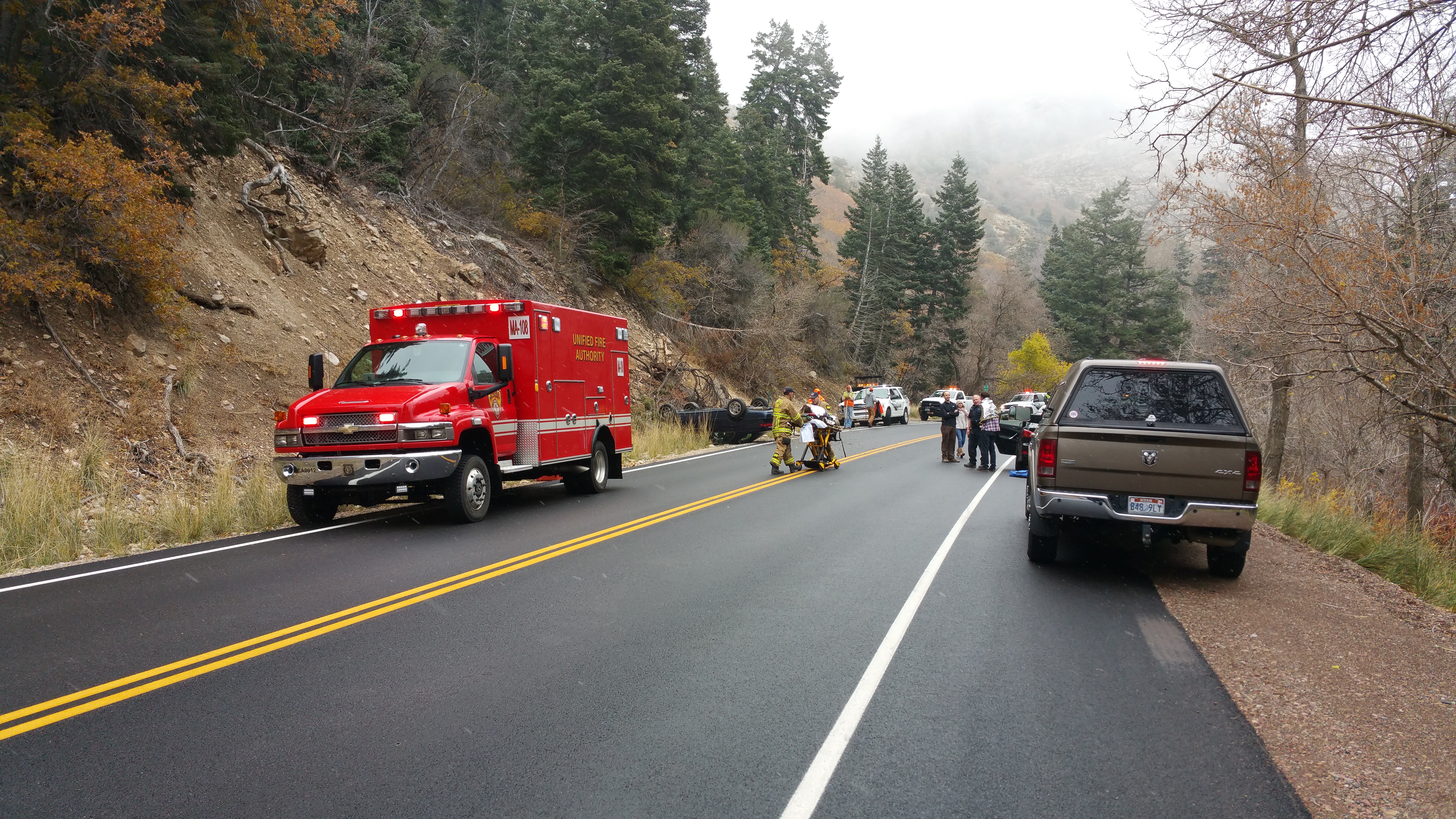 A 21-year-old driver rolled her car in Big Cottonwood Canyon Wednesday. Photo: Gephardt Daily/ Kurt Walter