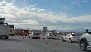 A vehicle slid across four lanes of traffic and head-on into the barrier on the right hand side. Photo: Gephardt Daily/ Kurt Walter