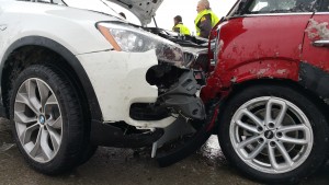 A Christmas afternoon accident at the I-15 and I-215 interchange involved five cars and sent two people to the hospital with non-critical injuries. Photo: Gephardt Daily staff