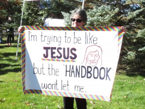 Dori Walker, of Winnipeg, Canada, brought the names of five relatives who wished to formally resign from the LDS Church. Photo: Gephardt Daily