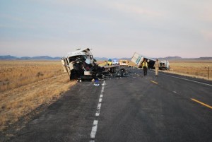 Two truck drivers were killed after hitting head on near Casper, Wyoming. Photo Courtesy: Wyoming County Sheriff