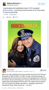 CBS announced Tuesday that Mike and Molly, starring Melissa McCarthy and Billy Gardell, is in its final season. Photo Courtesy: Melissa McCarthy / Twitter