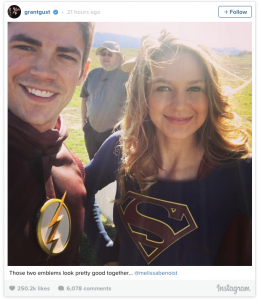 Grant Gustin and Melissa Benoist on the set of the upcoming "Flash" and "Supergirl" television crossover. Photo courtesy of Grant/Instagram