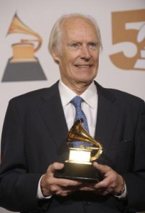 George Martin holds his Grammy for "Love" (The Beatles) at the 50th annual Grammy Awards at the Staples Center in Los Angeles on February 10, 2008. File Photo by Phil McCarten/UPI