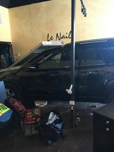 A patrol at a salon received minor injuries after a woman accidentally drove through the front of the salon. Photo Courtesy: Clearfield Police