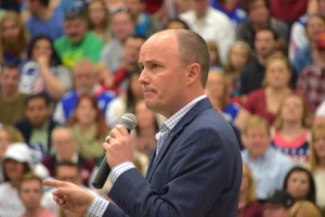 Utah Lt. Governor Spencer Cox blasts Donald Trump for questioning Mitt Romney's Mormon faith during a Provo campaign rally for Sen. Ted Cruz Saturday, March 19, 2016. Photo: Patrick Benedict