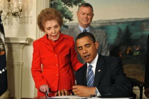 President Barack Obama signs the Ronald Reagan Centennial Commission Act as former first lady Nancy Reagan watches at the White House in Washington on June 2, 2009. (UPI Photo/Kevin Dietsch) 