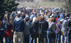 Crowds waited in line Friday to hear presidential hopeful Bernie Sanders speak. Photo: Gephardt Daily Staff