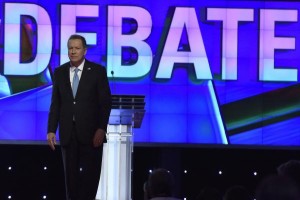 Ohio Gov. John Kasich, seen here on the GOP debate stage in Miami last week, is running a do-or-die campaign in his home state against front-runner Donald Trump. Photo by Gary I Rothstein/UPI
