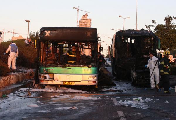 Israeli security officials investigate the scene of a bus explosion in Jerusalem, Israel, on April 18. 2016. An Israeli police spokesman confirmed the explosion was a terror attack caused by a bomb. At least 20 people were wounded, two of them seriously. Hamas and Palestinian groups have praised the terror attack. Photo by UPI