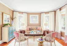 how-to-decorate-feminine-rose-quartz-peach-nude-pink-pastel-living-room-dining-room-grasscloth-stripe-pantone-2016-colour-trends-wallpaper-shop-room-ideas-blue-turquoise-dresser-tufted-sofa