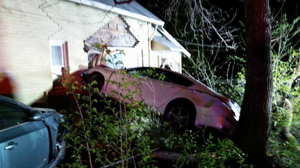 A car crashed through the wall of a Payson residence early Sunday morning . The driver fled, but a suspect, whose parents owned the car, was arrested about an hour later. Photo: Payson Fire Rescue Facebook page