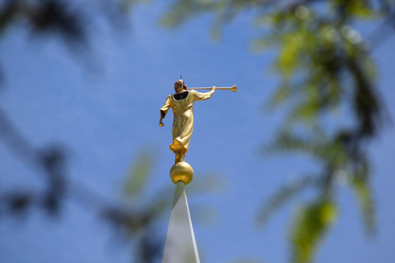 The angel Moroni figure that tops the Bountiful LDS Temple was damaged by a lightning strike. Photo: Gephardt Daily
