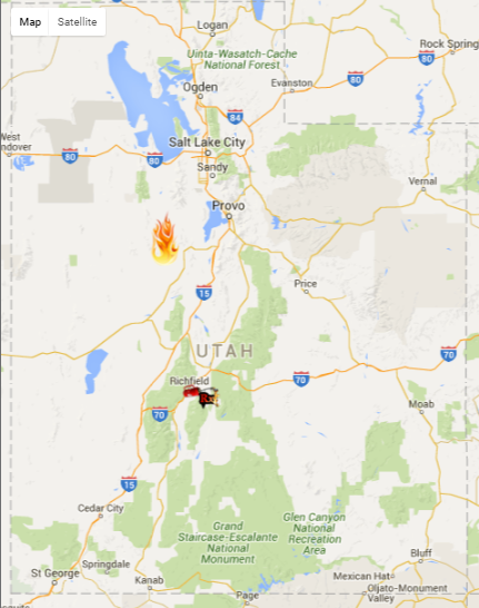 This map, courtesy of UtahFireInfo.gov, shows the location of the Cherry Creek/North Monroe wildfire.