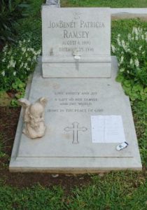 The gravesite of JonBenet Ramsey, located in St. James Episcopal cemetery, Marietta, Ga. She was 6-years-old when she was found murdered in her Boulder, Colo., home the day after Christmas in 1996. File Photo by John Dickerson/UPI | License Photo