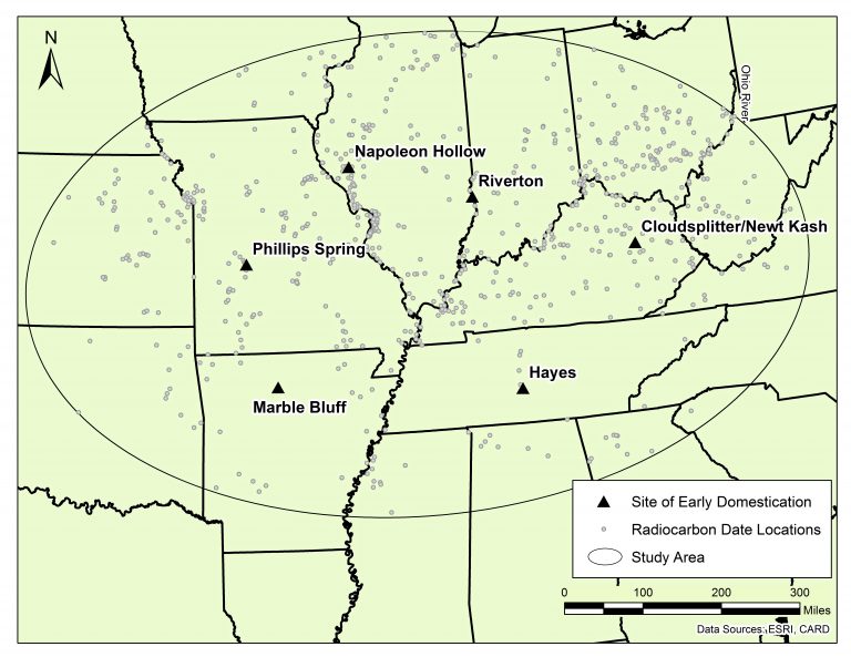 This map shows the area covered by a new University of Utah study that concludes a population boom and resulting scarcity of wild foods are what caused early people in eastern North America to domesticate wild food plants for the first time on the continent starting about 5,000 year ago.