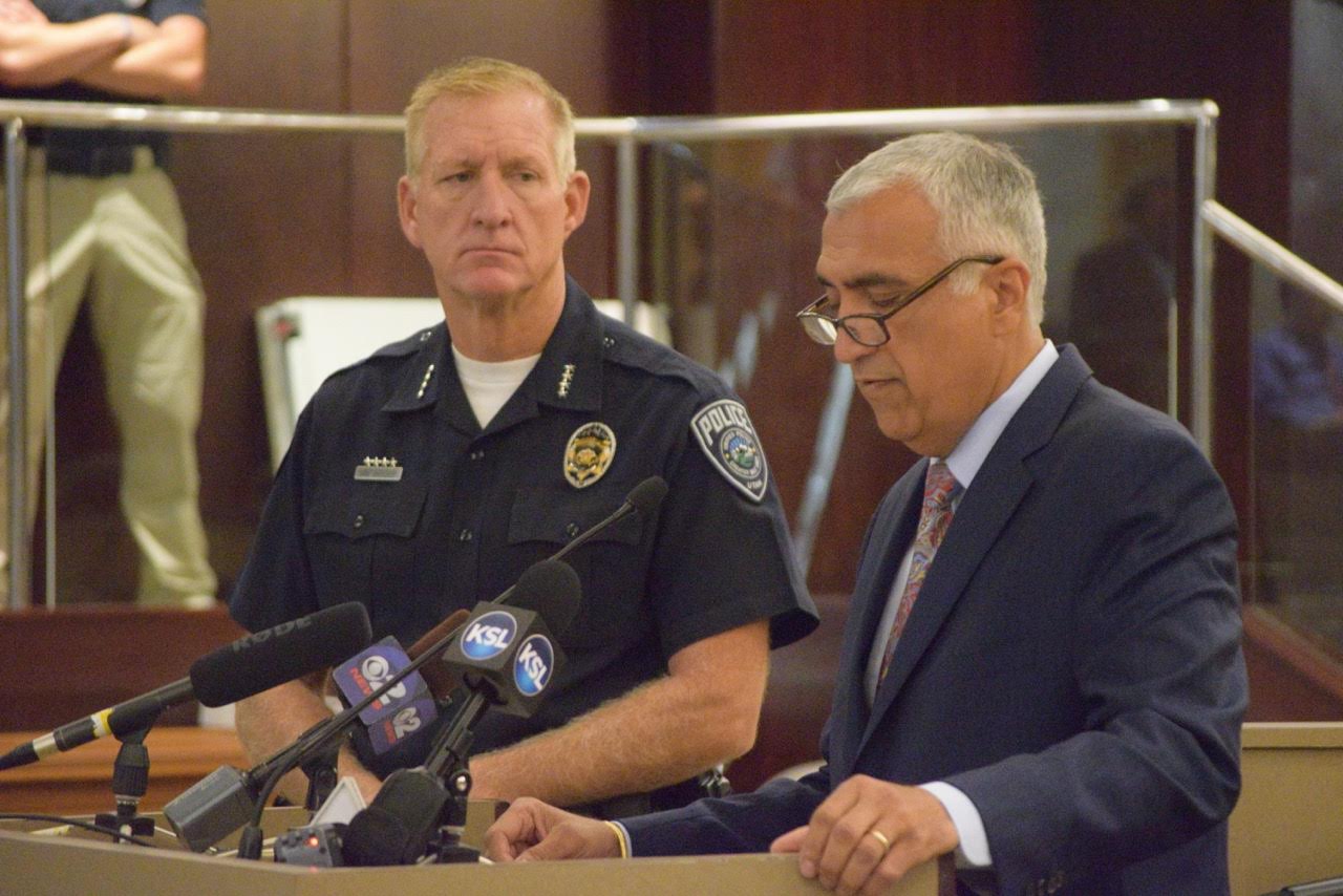 Utah County Sheriff James Winder looked on Monday as Salt Lake County District Attorney Sim Gill announced findings that the Feb. 27 shooting of Abdi Mohamed has been found to be justified. Photo: Gephardt Daily/Patrick Benedict