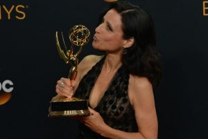 Actress Julia Louis-Dreyfus appears backstage with her award for Outstanding Lead Actress in a Comedy Series for 'Veep' during the 68th annual Primetime Emmy Awards at Microsoft Theater in Los Angeles on September 18, 2016. Photo by Christine Chew/UPI | License Photo
