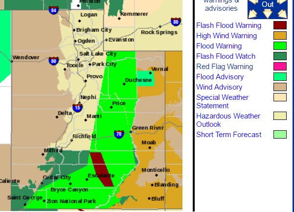 The National Weather Service has issued flood alerts and warnings for the counties of Utah shown in green. Image: wrh.noaa.gov/slc/
