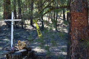 Crime scene tape marks the site where Arizona Strip rancher Robert LaVoy Finicum was shot and killed on Highway 395 north of Burns, Ore. by Oregon State Police troopers, Jan. 26, 2016. Photo: Gephardt Daily/Patrick Benedict