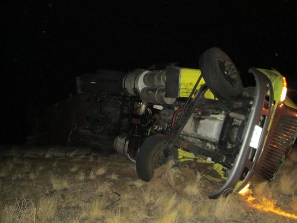 Northbound Interstate 15 in Juab County is closed north of Scipio Wednesday morning after a semi-truck overturned and spilled battery acid onto the road. Photo Courtesy: UHP