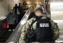 National Guard personnel in uniform patrol the subway at New York City's Grand Central Station in March. Following recent violent incidents in the NYC subway, Gov. Kathy Hochul announced a new plan that includes bringing in hundreds of National Guard troops and adding new security cameras. Photo by John Angelillo/UPI