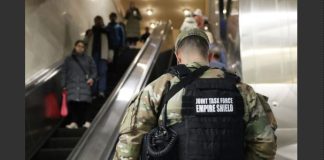 National Guard personnel in uniform patrol the subway at New York City's Grand Central Station in March. Following recent violent incidents in the NYC subway, Gov. Kathy Hochul announced a new plan that includes bringing in hundreds of National Guard troops and adding new security cameras. Photo by John Angelillo/UPI