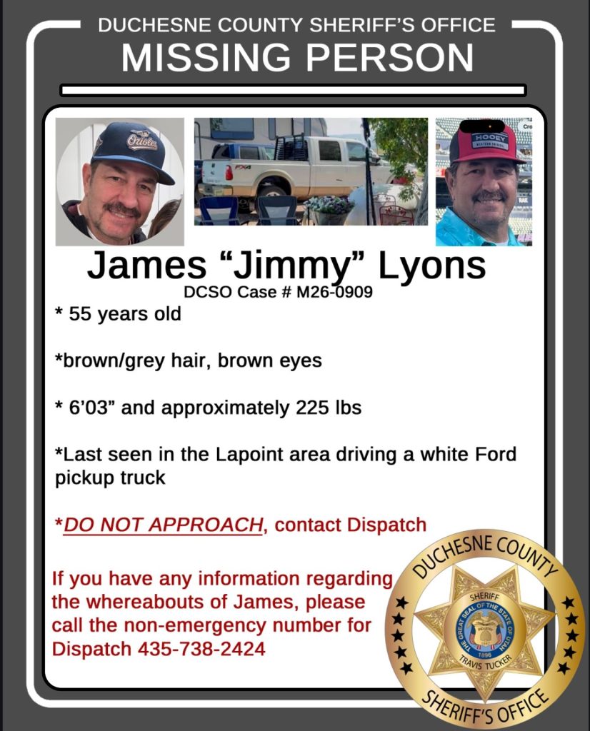 679451246_1390507443111740_1120278894335187269_n | Gephardt Daily Duchesne County Sheriff's Office missing person poster for James 'Jimmy' Lyons, with his photos and case details.