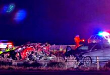 Nighttime highway crash scene with several wrecked cars, emergency responders in reflective vests, and flashing blue and red police lights.