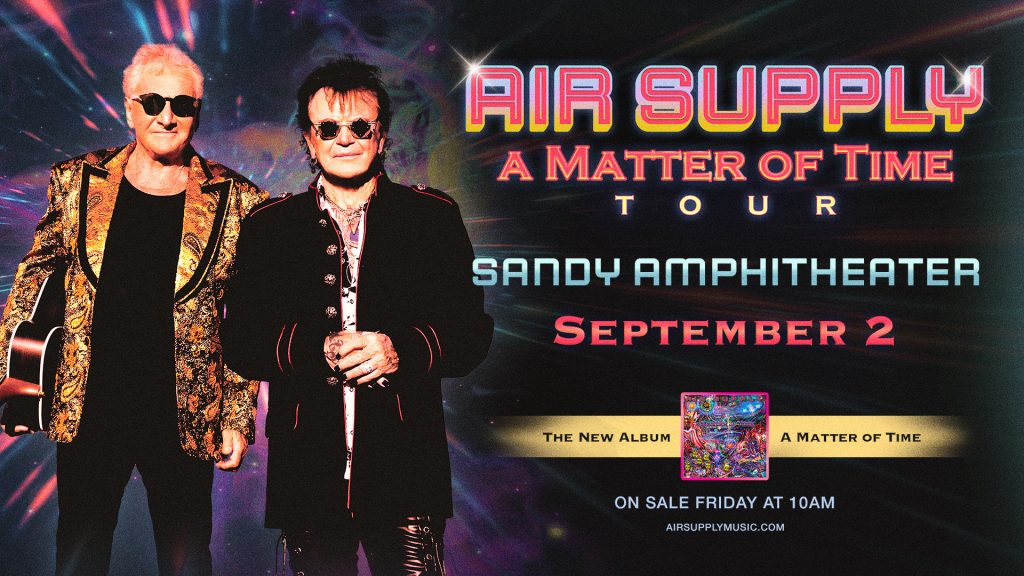 Promotional poster for Air Supply with two musicians, neon tour text, Sandy Amphitheater, September 2.