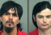 Mugshot of a man with dark hair, a goatee, and mustache wearing a red jumpsuit against a gray background on the left panel.