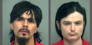 Mugshot of a man with dark hair, a goatee, and mustache wearing a red jumpsuit against a gray background on the left panel.