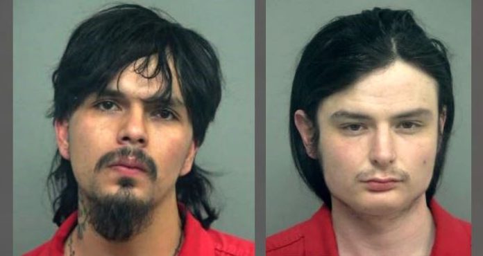 Carlos Samuel Chee Chino Montana Aguilar Mugshot of a man with dark hair, a goatee, and mustache wearing a red jumpsuit against a gray background on the left panel.