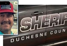 Inset photo of a man wearing a red cap beside a Duchesne County Sheriff patrol vehicle