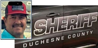 Inset photo of a man wearing a red cap beside a Duchesne County Sheriff patrol vehicle