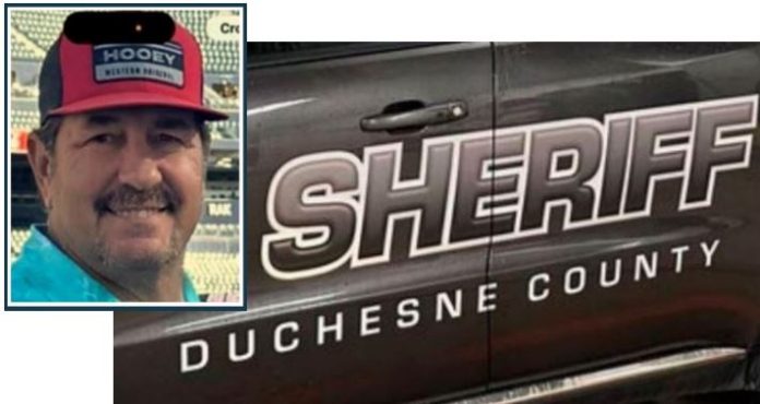 James Jimmy Lyons Inset photo of a man wearing a red cap beside a Duchesne County Sheriff patrol vehicle