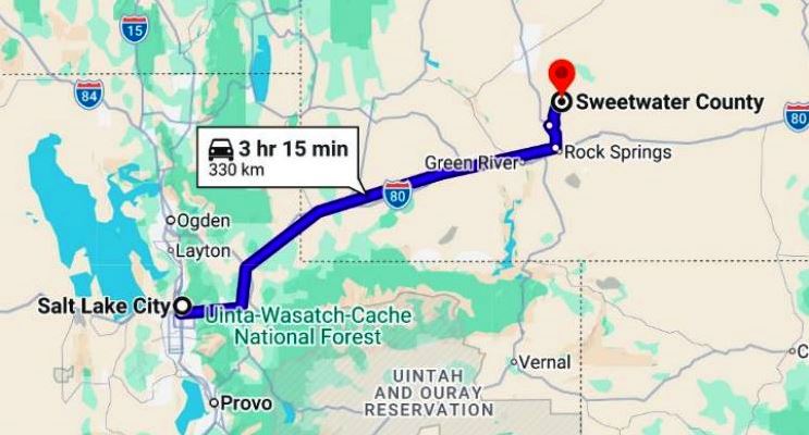 Route map showing drive from Salt Lake City to Sweetwater County along I-80; about 3 hr 15 min and 330 km.