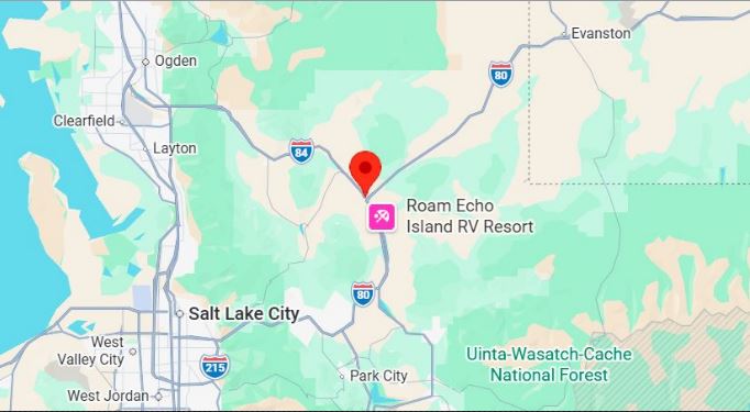 Map locating Roam Echo Island RV Resort east of Salt Lake City, Utah, with a red pin marker.