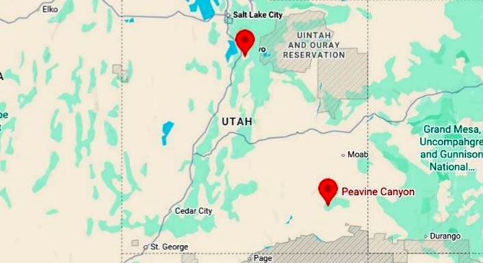 Map of Utah with two red pins marking locations one near Salt Lake City in the north and one at Peavine Canyon in the southeast