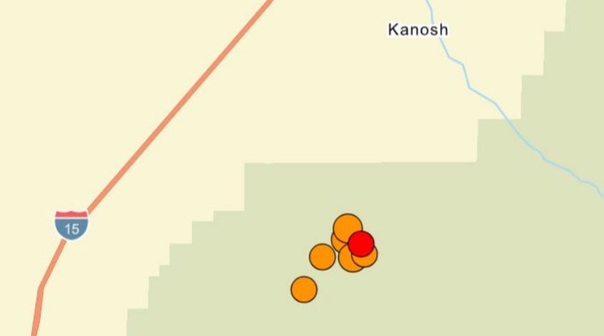 Map excerpt showing I-15 on the left, Kanosh label at top, and a cluster of orange circles with one red circle in a desert area.