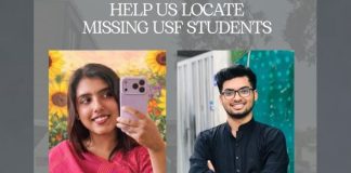 Banner requesting help to locate missing USF students, showing two portraits: a smiling woman in pink taking a selfie and a smiling man with glasses beside her.