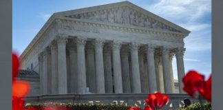 The U.S. Supreme Court building in Washington, D.C., with bright red flowers in the foreground.