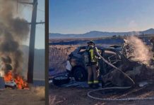 Split image: left side shows a car on fire by a utility pole with dark smoke; right side shows firefighters spraying a burning wrecked vehicle in a desert landscape.