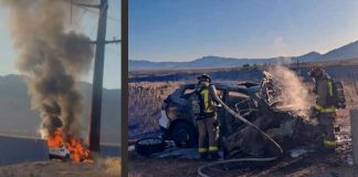 Split image: left side shows a car on fire by a utility pole with dark smoke; right side shows firefighters spraying a burning wrecked vehicle in a desert landscape.