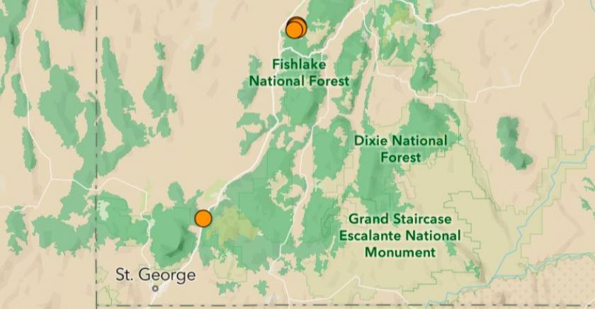 Map showing Fishlake National Forest and nearby Dixie National Forest with two orange markers near St. George, Utah.